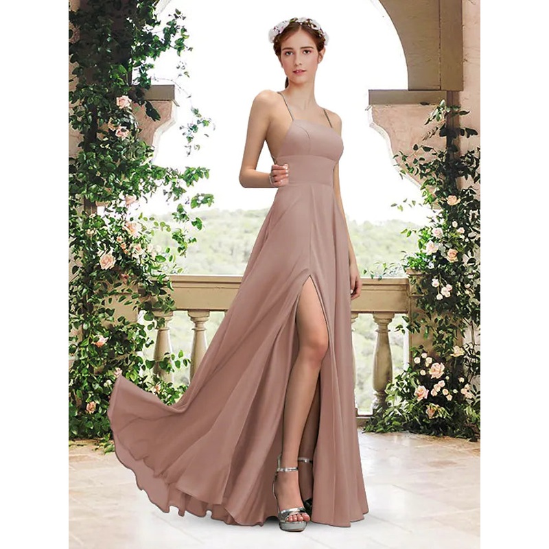A-Line Bridesmaid Dress Square Neck  Spaghetti Strap Sleeveless Elegant Floor Length Chiffon with Pleats  Split Front