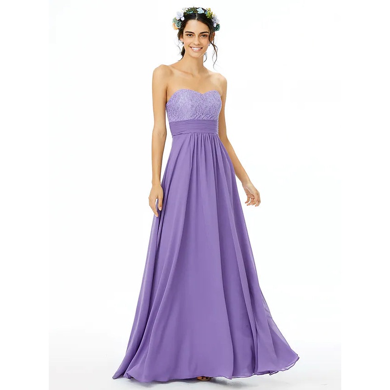 A-Line Bridesmaid Dress Sweetheart Neckline Sleeveless Open Back Floor Length Chiffon  Lace with Lace  Sash  Ribbon  Ruched