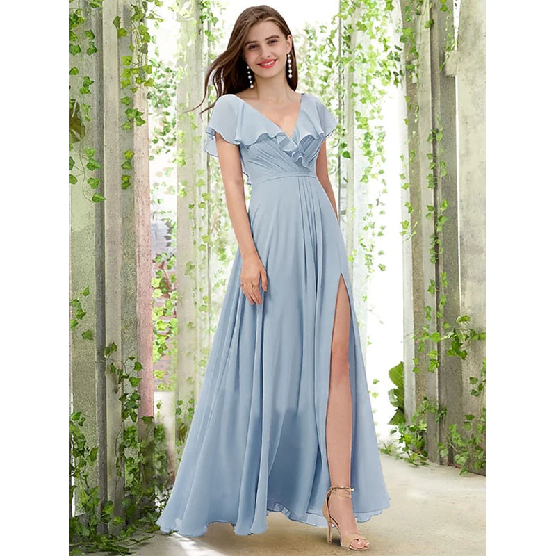 A-Line Bridesmaid Dress V Neck Short Sleeve Elegant Floor Length Chiffon with Pleats   Ruffles   Split Front