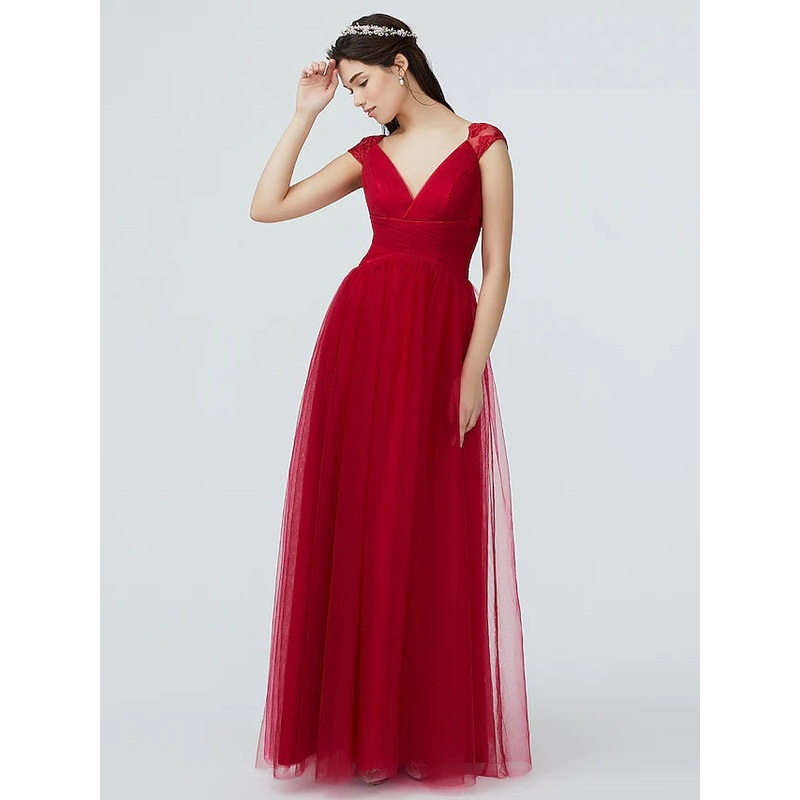 A-Line Bridesmaid Dress V Neck Short Sleeve Sparkle & Shine Floor Length Lace  Tulle with Lace   Pleats