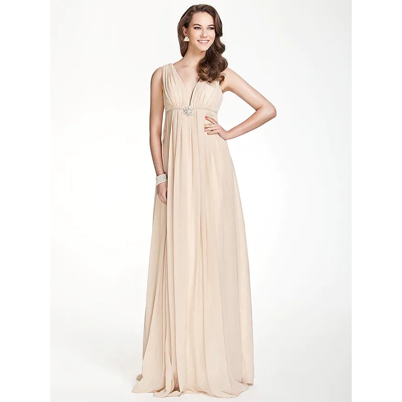 A-Line Bridesmaid Dress V Neck Sleeveless  Back Floor Length Chiffon with Pleats   Beading   Draping