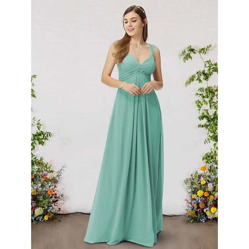 A-Line Bridesmaid Dress V Neck Sleeveless Elegant Floor Length Chiffon with Pleats
