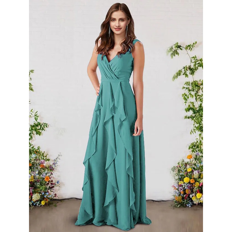 A-Line Bridesmaid Dress V Neck Sleeveless Elegant Floor Length Chiffon with Ruffles