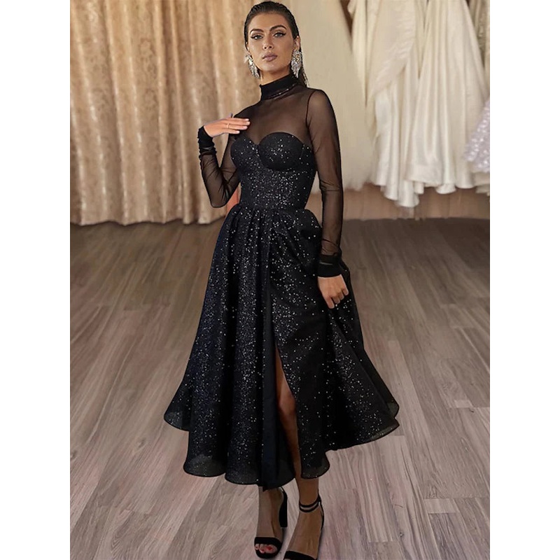 A-Line Cocktail Dresses Elegant Dress Party Wear Tea Length Long Sleeve High Neck Tulle with Glitter Slit