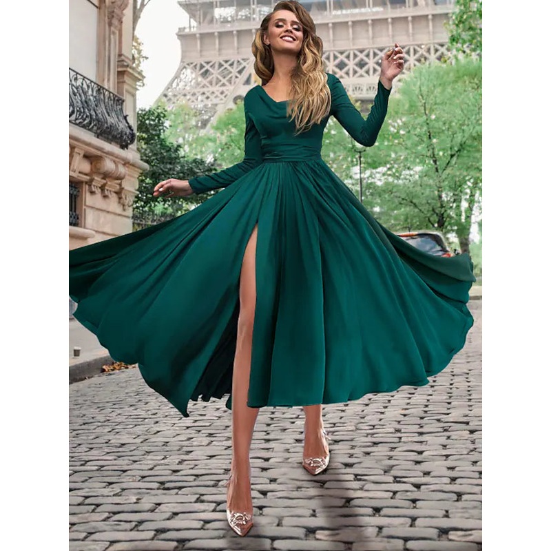 A-Line Cocktail Dresses Empire Dress Formal Tea Length Long Sleeve Cowl Neck Stretch Chiffon with Buttons Pleats
