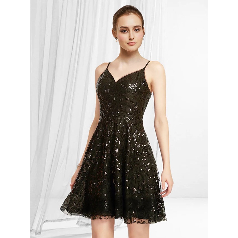 A-Line Cocktail Dresses Glittering Dress Homecoming Short  Mini Sleeveless V Neck Lace with Pleats Sequin