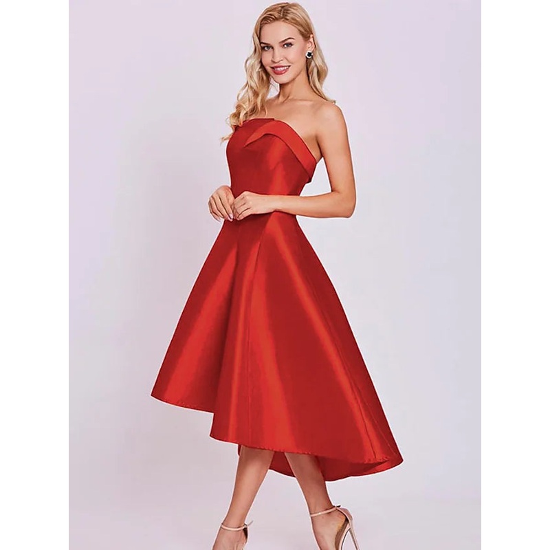 A-Line Cocktail Dresses Minimalist Dress Homecoming Tea Length Sleeveless Strapless Satin with Sleek