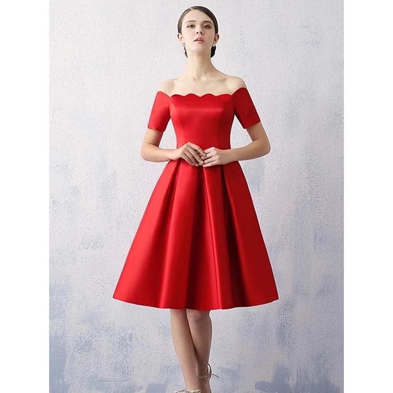 A-Line Cocktail Dresses Reformation Dress Engagement Knee Length Short Sleeve Off Shoulder Satin with Sleek