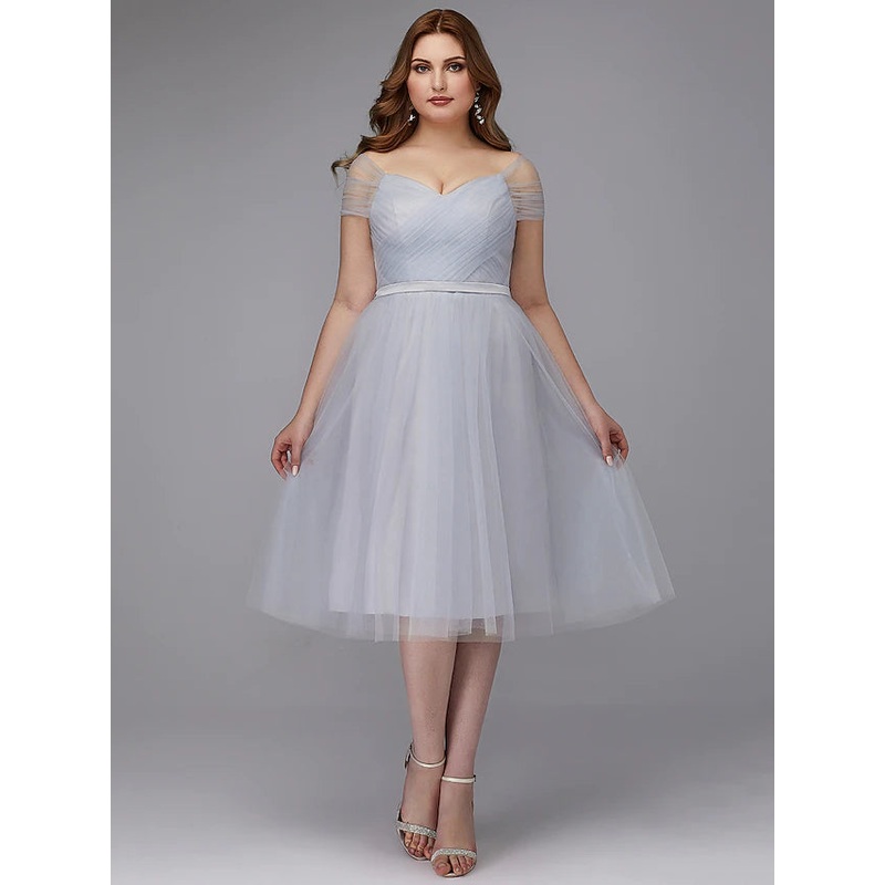A-Line Elegant Dress Wedding Guest Tea Length Short Sleeve Off Shoulder Tulle with Sash Ribbon Criss Cross
