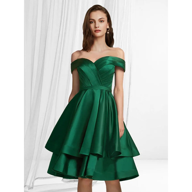 A-Line Empire Minimalist Party Wear Cocktail Party Dress Off Shoulder Sleeveless Knee Length Satin with Tier