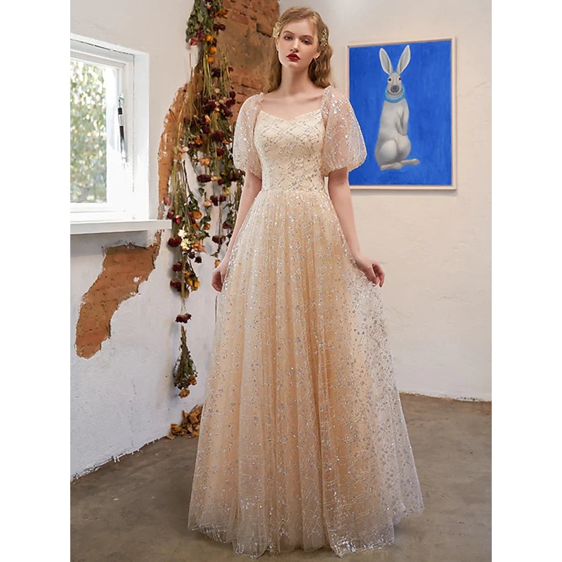 A-Line Glittering Elegant Prom Formal Evening Dress Scoop Neck Short Sleeve Floor Length Tulle with Pleats Sequin