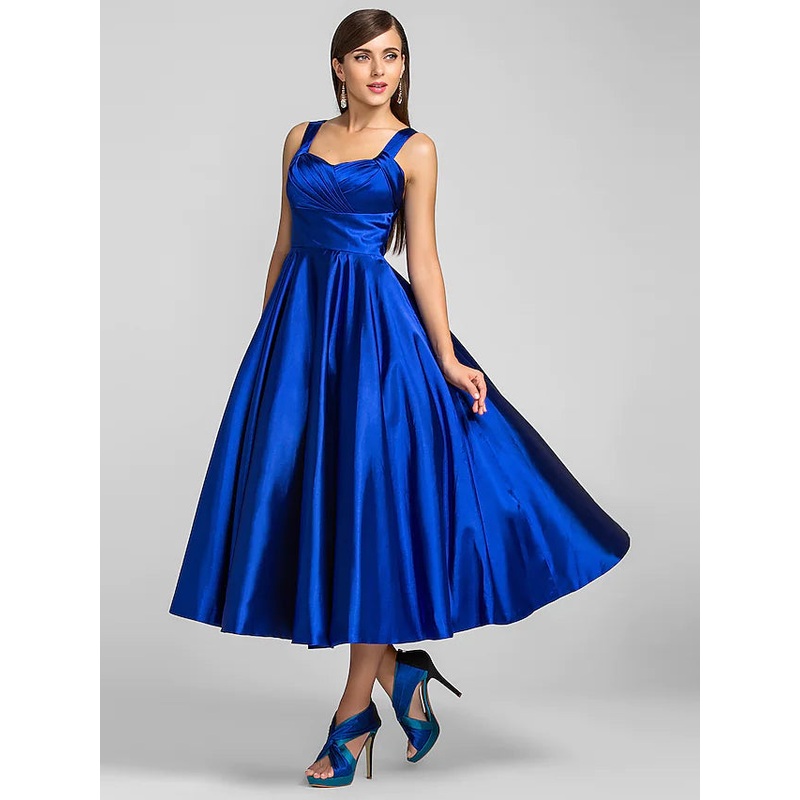 A-Line Minimalist Dress Wedding Guest Tea Length Sleeveless Square Neck Stretch Satin with Criss Cross