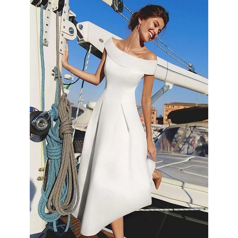 A-Line Minimalist Holiday Cocktail Party Dress Off Shoulder Short Sleeve Ankle Length Satin with