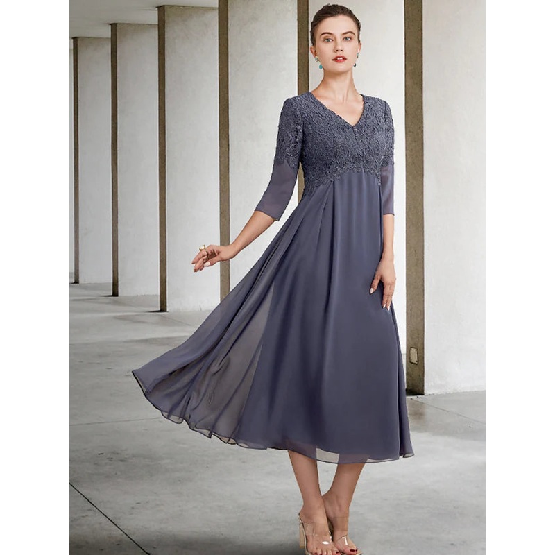A-Line Mother of the Bride Dress Plus Size Elegant V Neck Tea Length Chiffon Lace  Length Sleeve with Ruffles Appliques