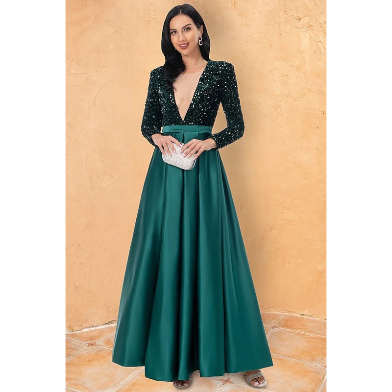 Ball Gown Cocktail Dresses Sparkle & Shine Dress Wedding Party Floor Length Long Sleeve V Neck Sequined with Sequin
