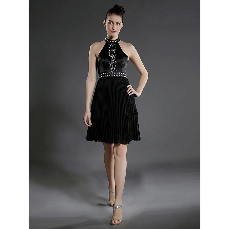 Ball Gown Little Black Dress Dress Holiday Knee Length Sleeveless High Neck Chiffon with Pleats Beading