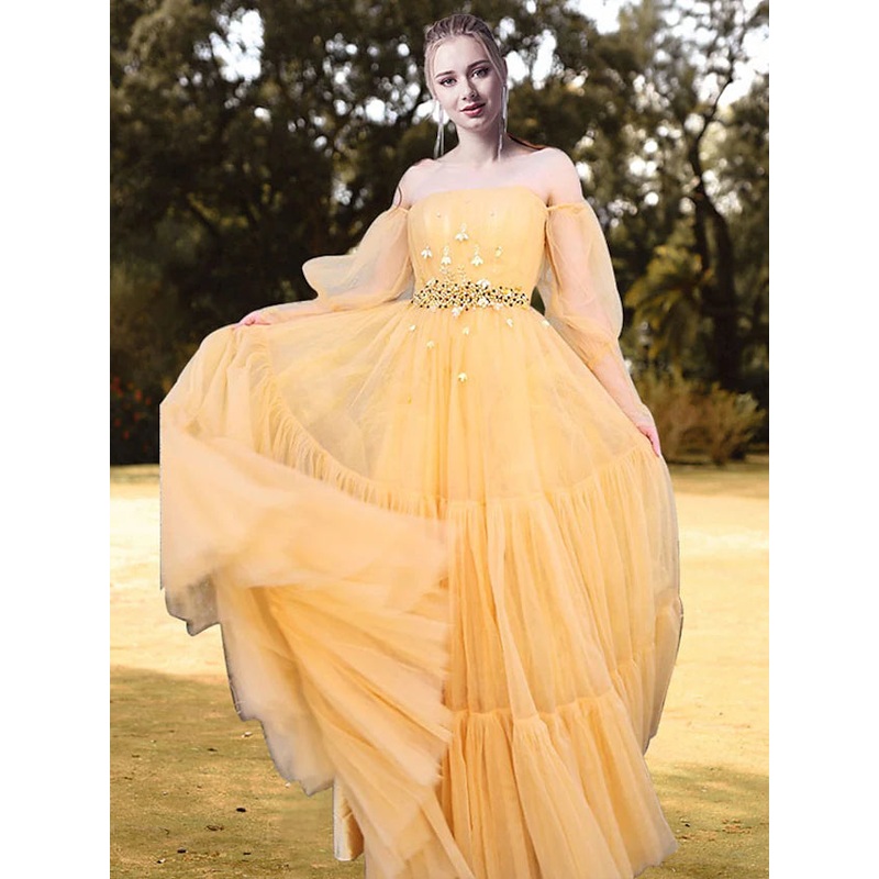 Ball Gown Prom Dresses Princess Dress Engagement Floor Length Long Sleeve Strapless Tulle with Sash  Ribbon Pleats