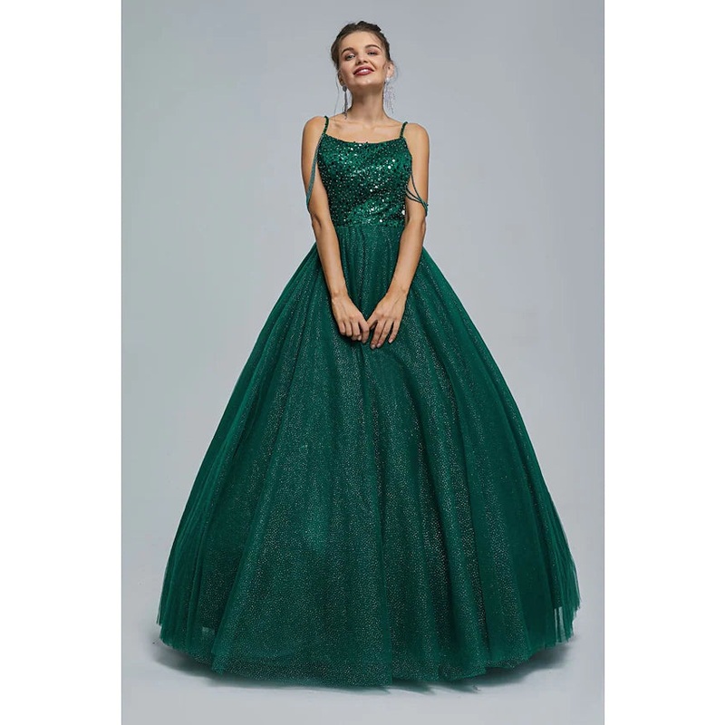 Ball Gown Prom Dresses Sparkle & Shine Dress Graduation Floor Length Sleeveless Spaghetti Strap Tulle with Pearls Sequin
