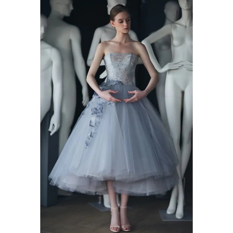 Ball Gown Prom Dresses Vintage Dress Graduation Tea Length Sleeveless Strapless Tulle with Appliques Tiered