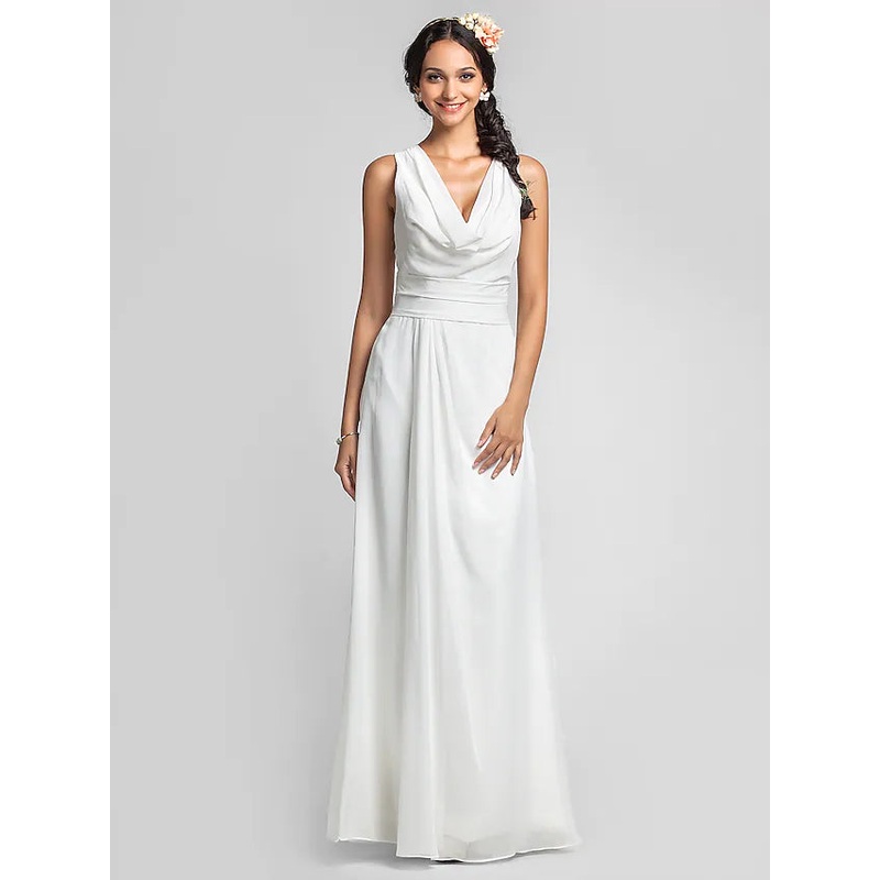Bridesmaid Dress Cowl Neck Sleeveless Elegant Floor Length Chiffon with Ruched  Side Draping