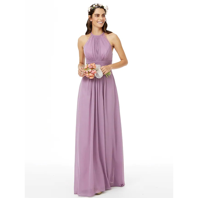 Bridesmaid Dress Jewel Neck Sleeveless Beautiful Back Floor Length Chiffon with Lace  Sash  Ribbon  Pleats