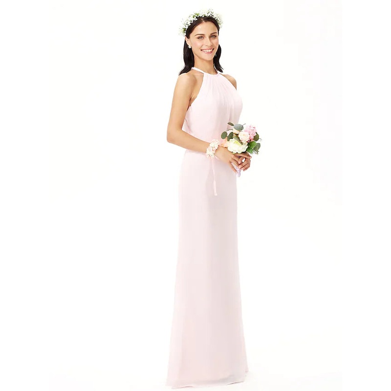 Bridesmaid Dress Jewel Neck Sleeveless Elegant Floor Length Chiffon with Pleats