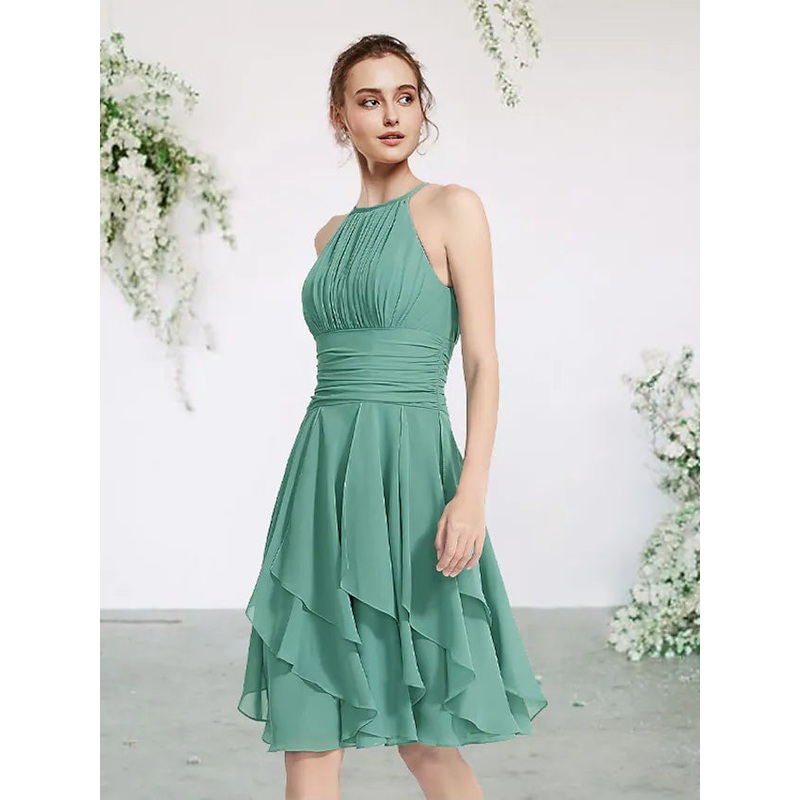 Bridesmaid Dress Jewel Neck Sleeveless Elegant Short  Mini Chiffon with Pleats  Cascading Ruffles
