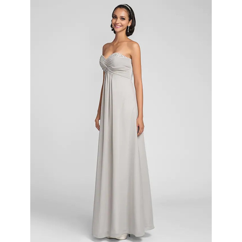 Bridesmaid Dress  Neckline Sleeveless Open Back Floor Length Chiffon with Criss Cross   Ruched   Beading