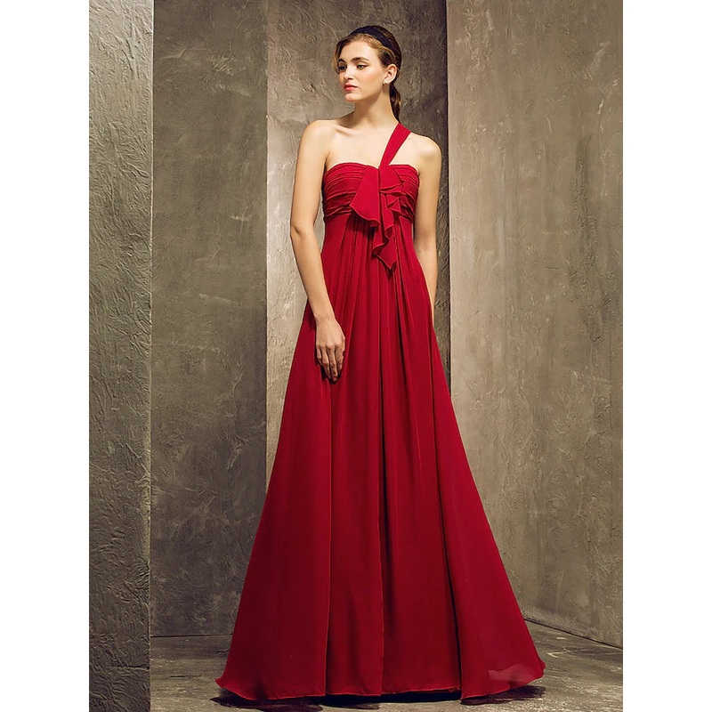 Bridesmaid Dress One Shoulder Sleeveless Elegant Floor Length Chiffon with Ruched  Ruffles  Draping