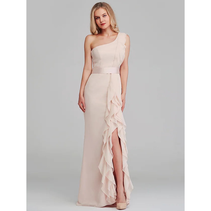 Bridesmaid Dress One Shoulder Sleeveless Elegant Long Length Chiffon with Cascading Ruffles
