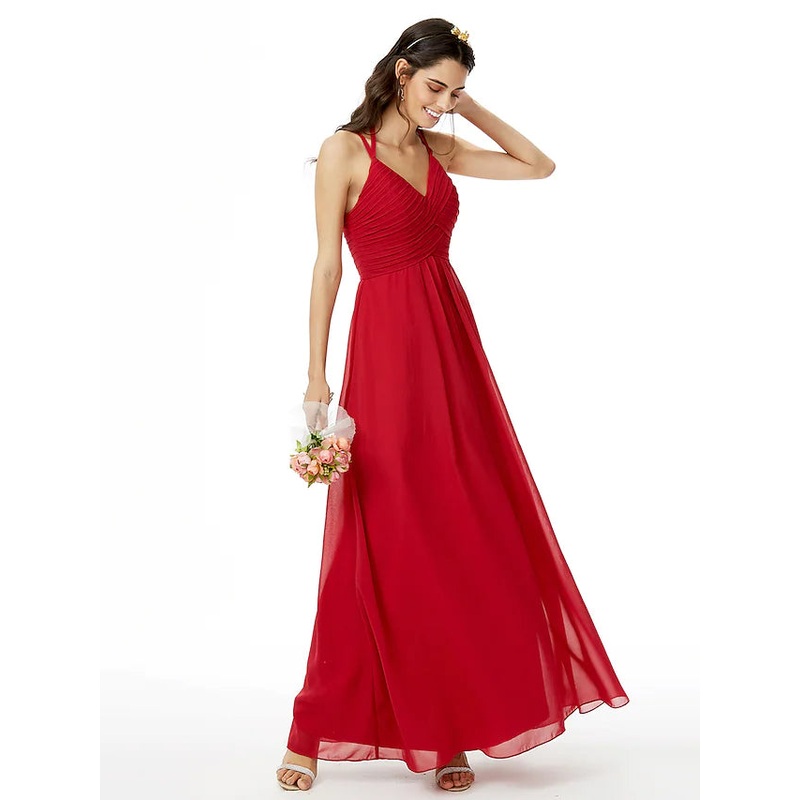 Bridesmaid Dress Spaghetti Strap Sleeveless Beautiful Back Ankle Length Chiffon with Criss Cross  Plea