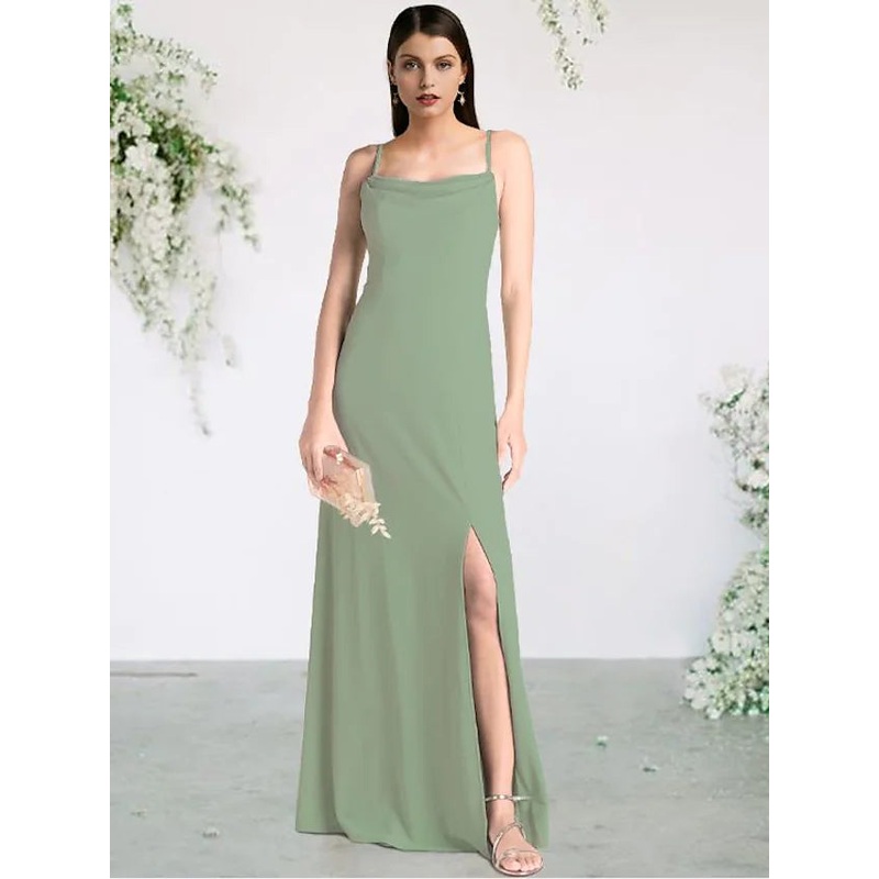 Bridesmaid Dress Spaghetti Strap Sleeveless Sexy Floor Length Chiffon with Split Front