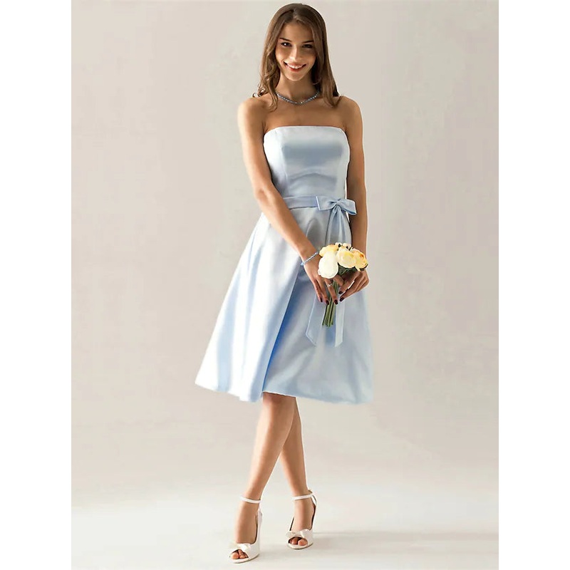 Bridesmaid Dress Strapless Sleeveless Elegant Knee Length Satin with Sash  Ribbon  Bow(s)