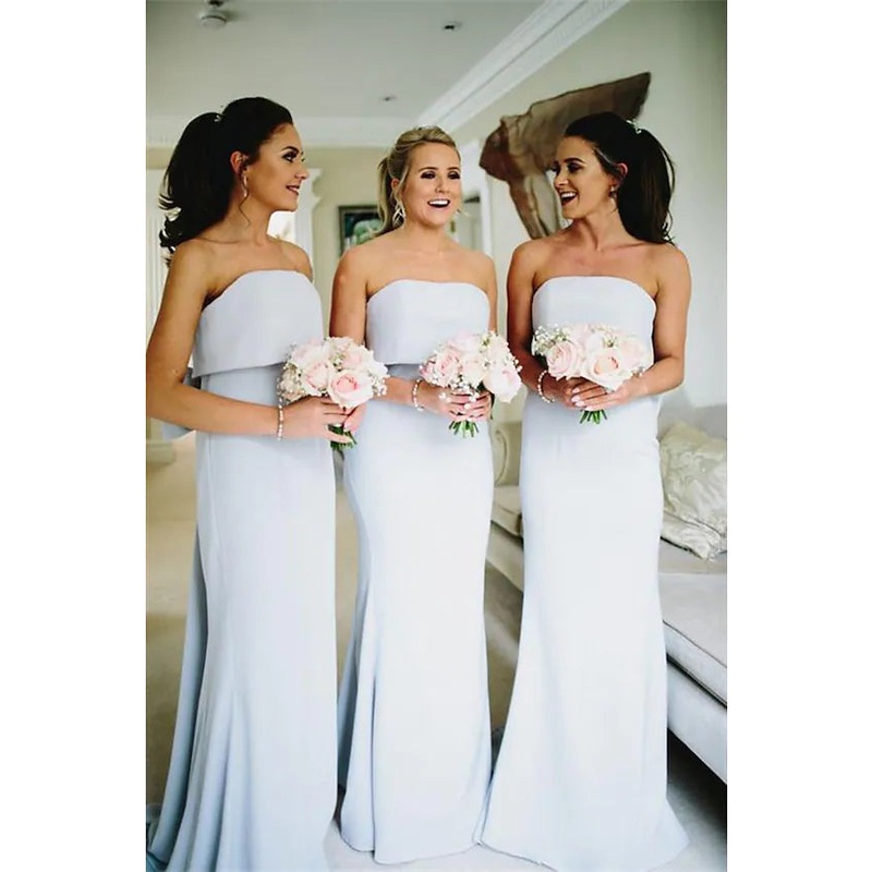 Bridesmaid Dress Strapless Sleeveless Elegant Sweep Brush Jersey with Bow(s) Ruffles
