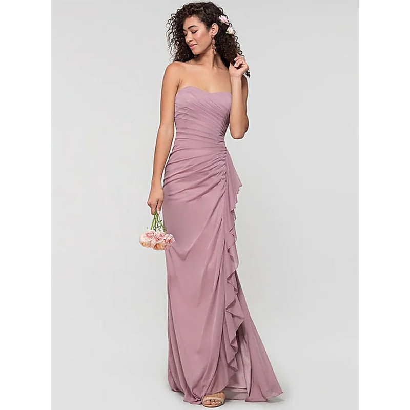 Bridesmaid Dress Sweetheart Neckline Sleeveless Open Back Sweep  Brush Train Chiffon with Ruffles  Split Front  Ruching