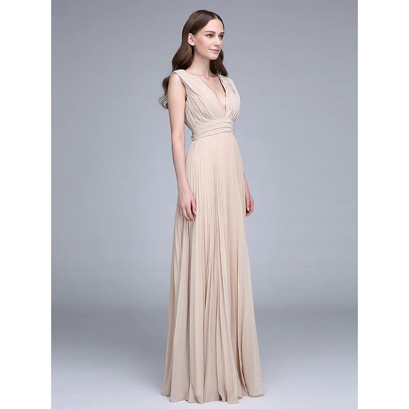 Bridesmaid Dress V Neck Sleeveless Elegant Floor Length Chiffon with Ruched    Draping