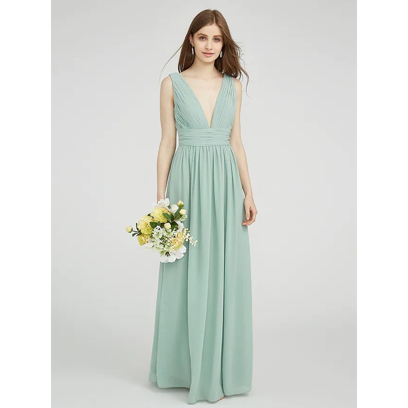 Bridesmaid Dress V Neck Sleeveless Elegant Floor Length Chiffon with Ruched  Side Draping