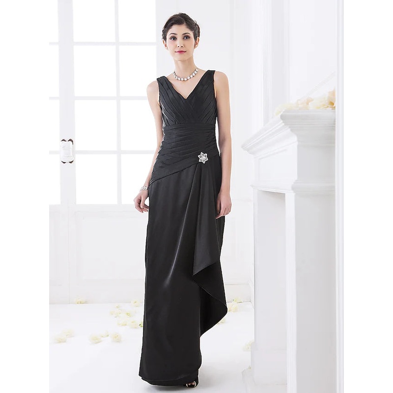 Bridesmaid Dress V Neck Sleeveless Elegant Floor Length Stretch Satin with Criss Cross  Side Draping  Crystal Brooch