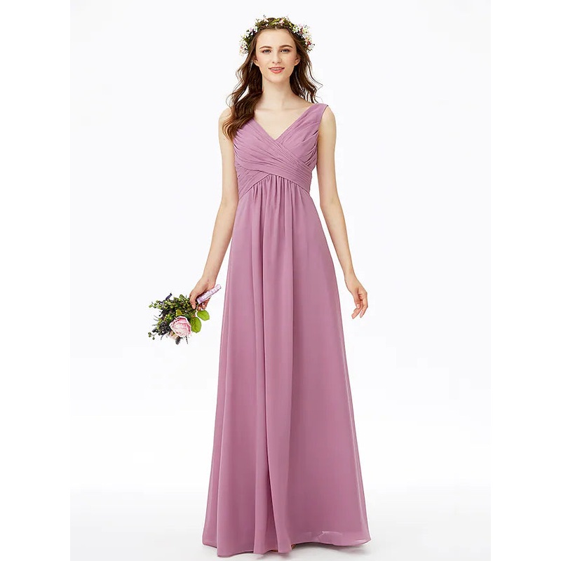 Bridesmaid Dress V Neck Sleeveless Open Back Floor Length Chiffon with Criss Cross  Pleats