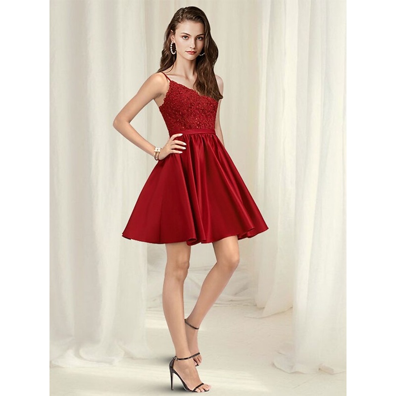 Dresses Minimalist Dress Homecoming Short  Mini Sleeveless V Neck Satin with Pleats