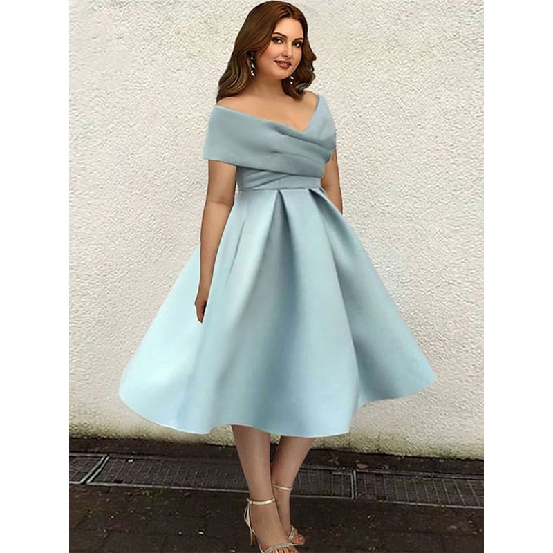 Dresses Plus Size Dress Wedding Guest Tea Length Short Sleeve V Neck Satin with Sleek Pleats