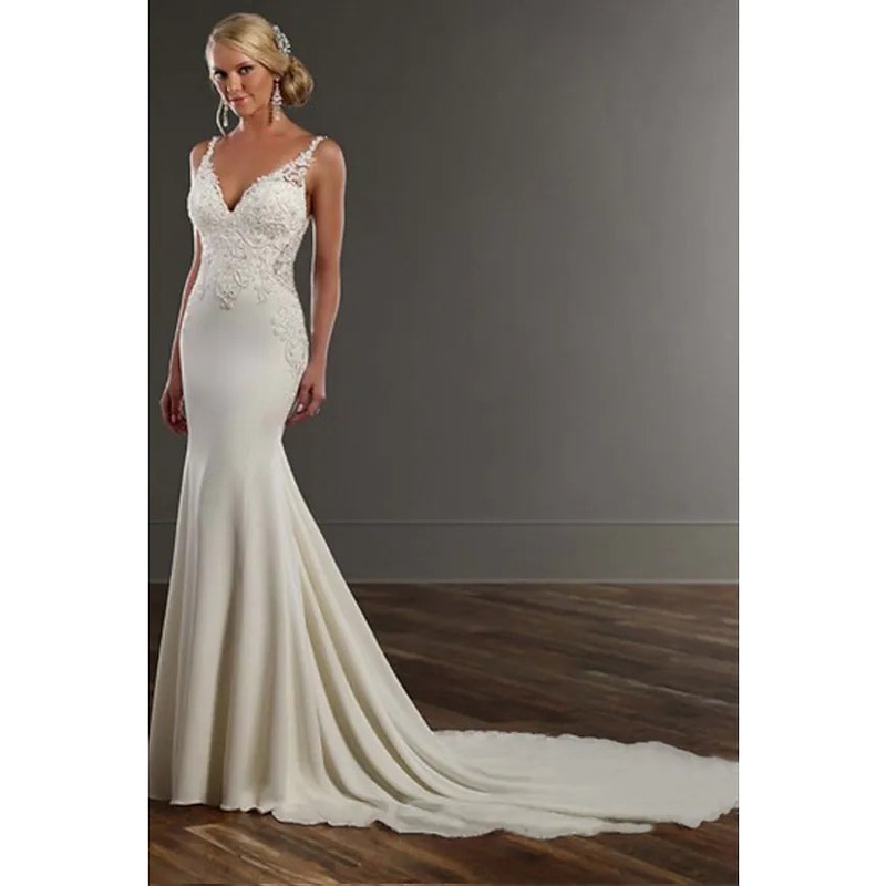 Engagement Formal Sexy Wedding Dresses Chapel  Mermaid  Trumpet Spaghetti Strap V Neck Lace With Appliques
