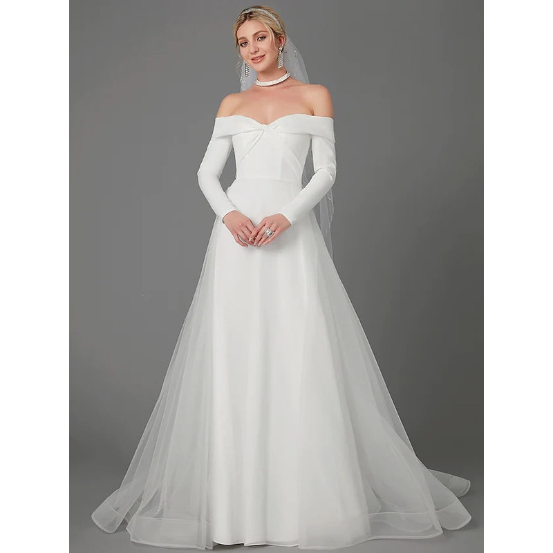 Engagement Formal Wedding Dresses Chapel  A-Line Long Sleeve Off Shoulder Chiffon With Criss Cross