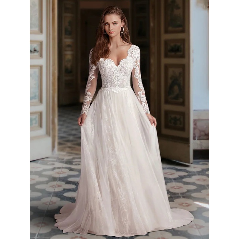 Engagement Formal Wedding Dresses Court A-Line Long Sleeve V Neck Lace With Appliques