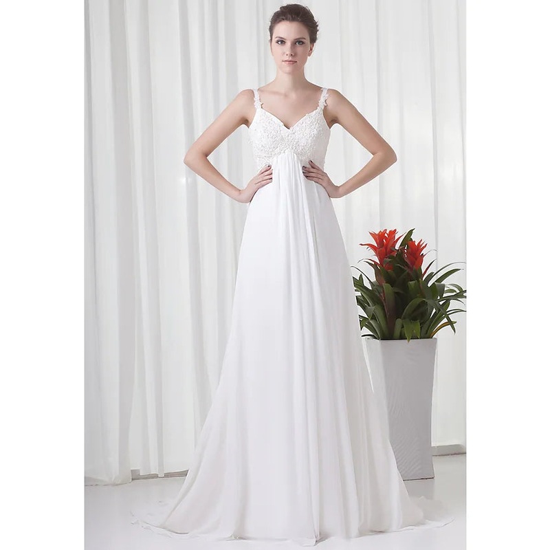 Engagement Formal Wedding Dresses Court  A-Line Spaghetti Strap V Neck Chiffon With Beading Appliques