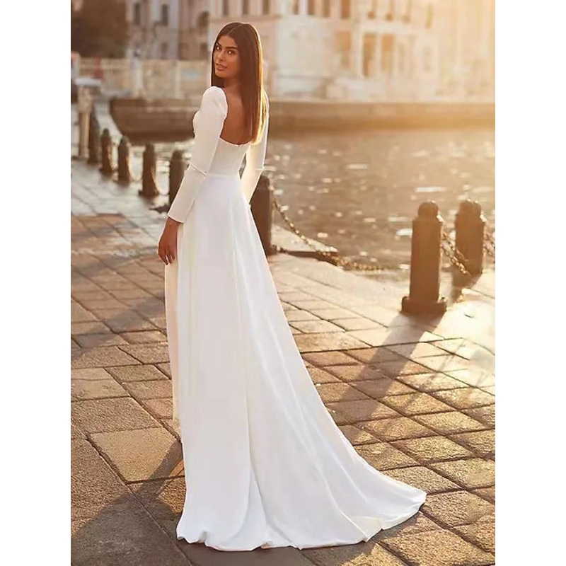 Hall Casual Wedding Dresses Court  A-Line Long Sleeve Square Satin With Solid