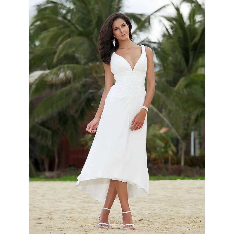 Hall Open Back Wedding Dresses Asymmetrical A-Line Spaghetti Strap V Neck Chiffon With Ruched