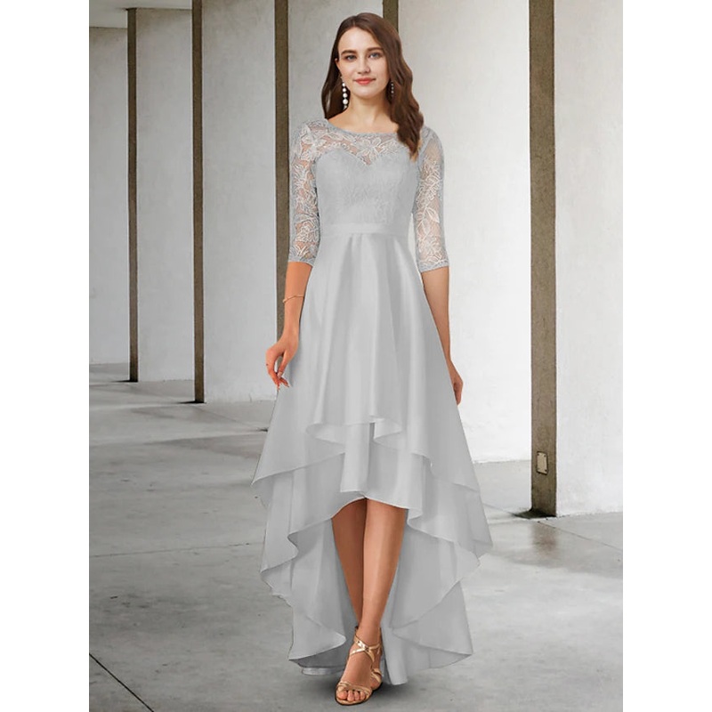 Mother of the Bride Dress Elegant High Low Jewel Neck Asymmetrical Chiffon Lace Half Sleeve with Appliques Cascading Ruffles