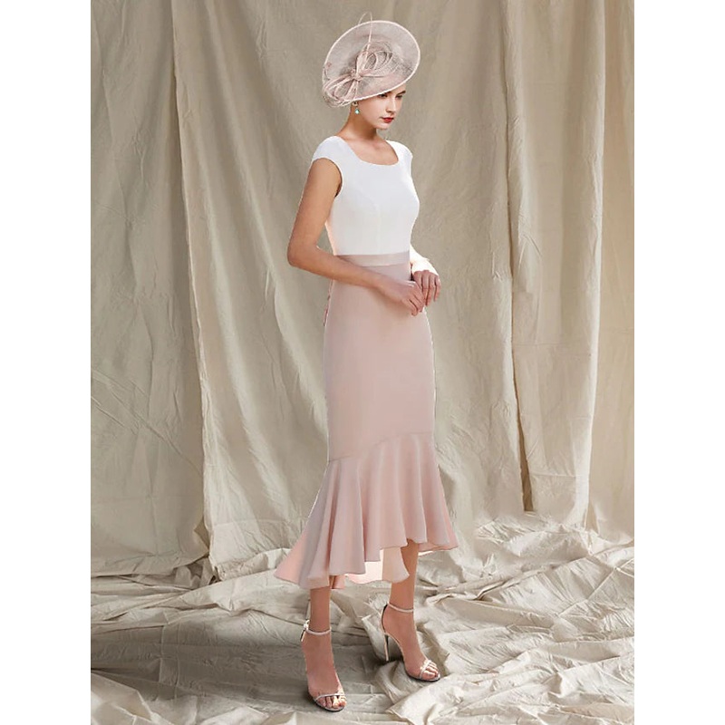 Mother of the Bride Dress Elegant High Low Square Neck Asymmetrical Tea Length Stretch Chiffon Sleeveless Short Jacket Dresses with Pearls Beading