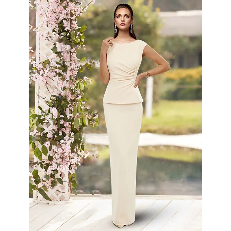 Mother of the Bride Dress Elegant Jewel Neck Floor Length Stretch Fabric Sleeveless with Ruffles Side-Draped